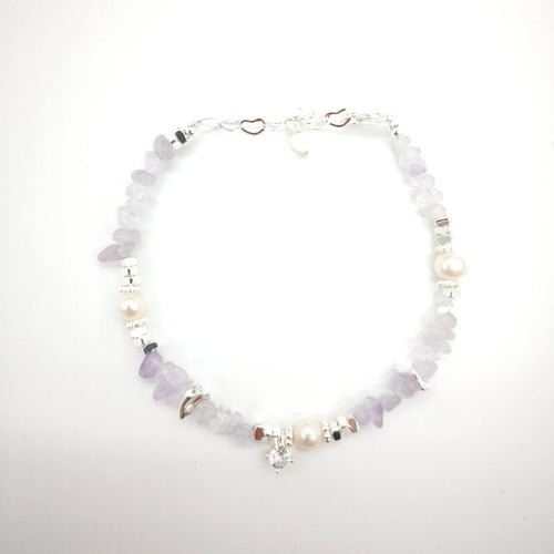 Lavender Amethyst Raw Stones and Pearl Bracelet