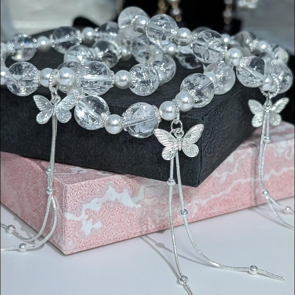 Quartz and Pearls with Butterfly Charm Bracelet